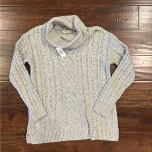 LOFT Gray Cable Knit Turtleneck Sweater